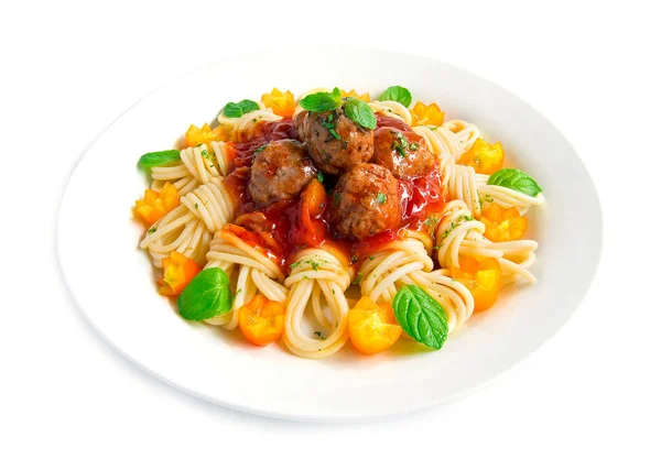Spagetti Bolognai Húsgolyóval Egyszerűen Élelmiszer Olasz Hagyományos Stílus Díszíteni Faragott — Stock Fotó