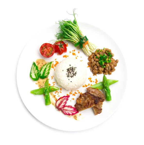 Natto Rýží Gril Vepřové Japonsko Fusion Styl Jídlo Zdravé Mini — Stock fotografie