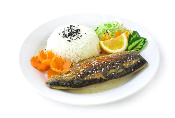 焼き魚照り焼きソースとご飯または鯖照り焼き丼 日本料理の融合スタイルで飾る野菜ニンジンサイドビュー — ストック写真
