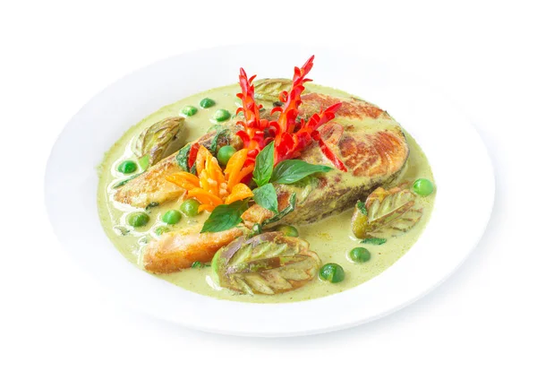 Curry Verde Con Salmón Salsa Leche Coco Comida Tailandesa Picante — Foto de Stock