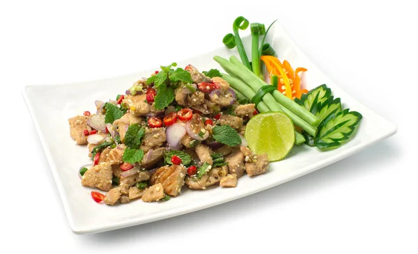Würziger Lachssalat Thailändischer Kräutersoße Und Gebratener Reis Thailändische Würzige Vorspeise — Stockfoto
