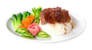 Roasted duck on rice with sweet sauce fusion food Chinese style decorate with carved vegetables the best top ten popular of Chinese and Thailand front view clipart