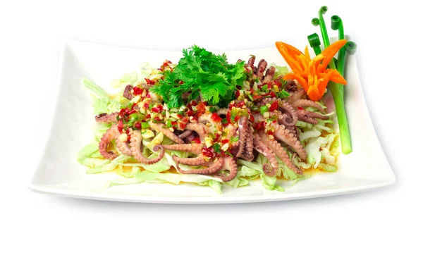 Baharatlı deniz ürünleri soslu ızgara ahtapot Tayland baharatlı aperatif Tayland sokak yemekleri kırmızı biber ve taze soğan manzarasını süslüyor.