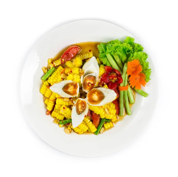 Ensalada Maíz Con Huevos Salados Estilo Picante Tailandés Comida Saludable —  Fotos de Stock