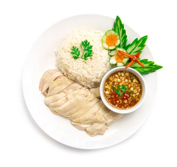 Hainanese Chicken Rice Steamed Soya Sauce Decorate Cucumber Carved Fusion — Stock Photo, Image