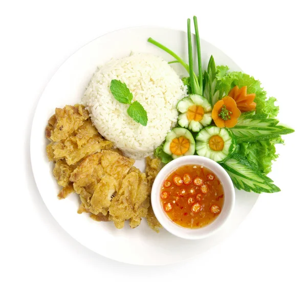 Hainanese Crispy Fried Chicken Rice Soya Sauce Decorate Cucumber Carved — Stock Photo, Image