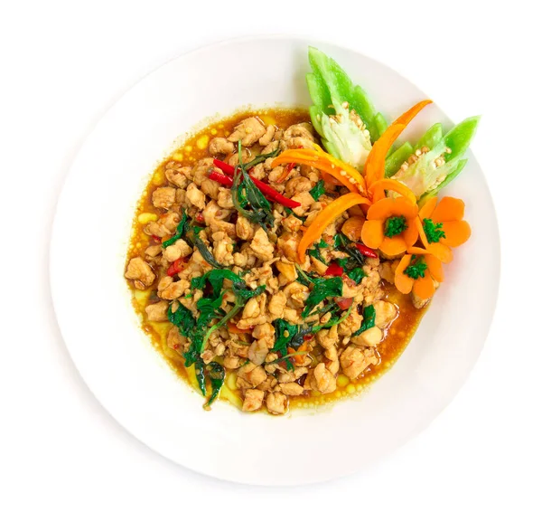 Thai Élelmiszer Keverjük Össze Sült Csirke Fűszeres Thai Bazsalikom Rizs — Stock Fotó