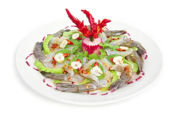 Camarones Salsa Pescado Ensalada Picante Con Mariscos Rematado Comida Tailandesa — Foto de Stock