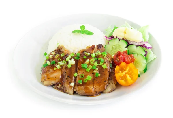 Chicken Teriyaki Rice Fusion Food Japan Style Decorate Salad Cucumber — Stock Photo, Image