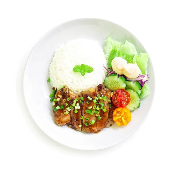 Ayam Teriyaki Dengan Makanan Fusi Beras Gaya Jepang Menghiasi Dengan — Stok Foto