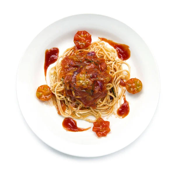 Espaguete Molho Bolonhesa Tomate Com Tomate Fresco Esculpido Tradicional Estilo — Fotografia de Stock