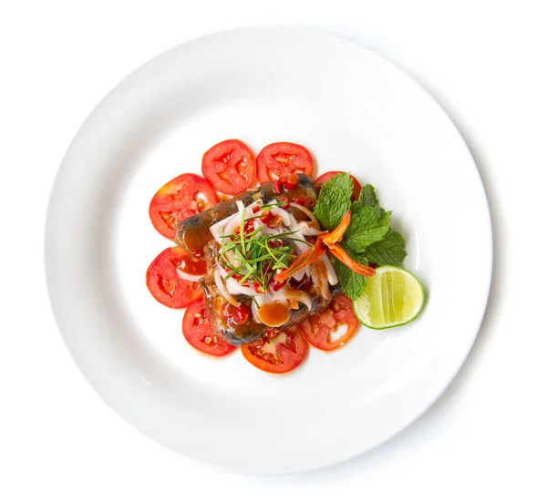 Pescado Caballa Salsa Tomate Ensalada Picante Estilo Tailandés Decorar Con — Foto de Stock