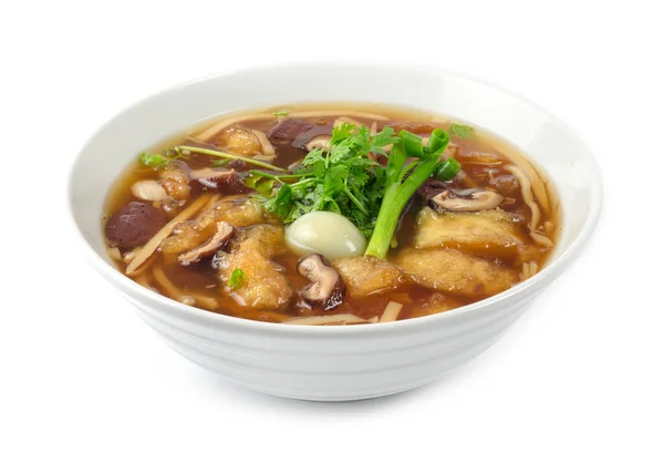 Fish maw with boiled quail egg and blood pork in red gravy soup Chinese style decorate Coriander, spring onions side view — Stock Image Fish Maw Boiled Quail Egg Blood Pork Red Gravy Soup Stock Picture