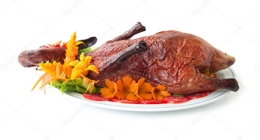 Roasted duck fusion food Chinese style decorate with carved vegetables the best top ten popular of Chinese and Thailand front view