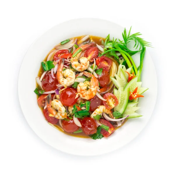 Fűszeres Saláta Tojás Sárgája Főtt Garnélarák Zöldség Forró Fűszeres Thai — Stock Fotó