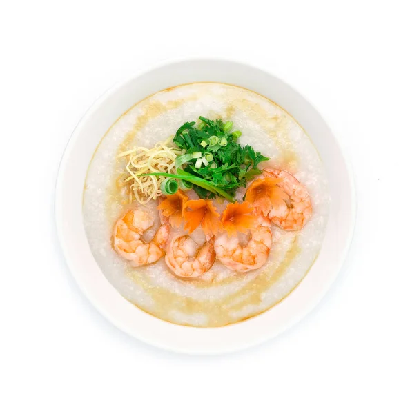 Congee Shrimps Rice Porridge Served Slice Ginger Cutlet Celery Coriander — Stock Photo, Image