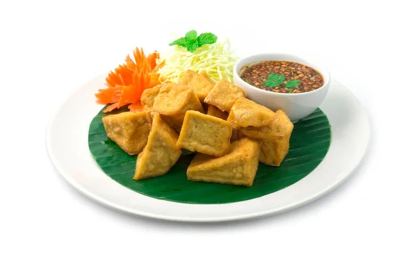 Fried Tofu Vegetarian Food Served Sweet Chili Dipping Sauce Mix — Stock Photo, Image