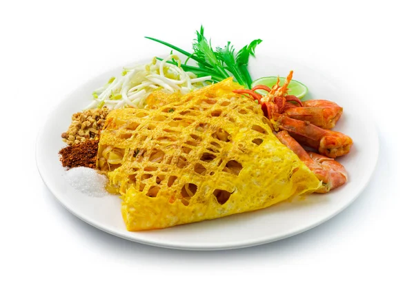 Tagliatelle Fritte Tailandesi Con Gamberetti Uovo Avvolto Pad Thai Style — Foto Stock