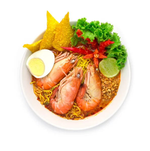 Egg Noodles Shrimps Spicy Soup Tom Yum Goong Thai Food — Stock Photo, Image