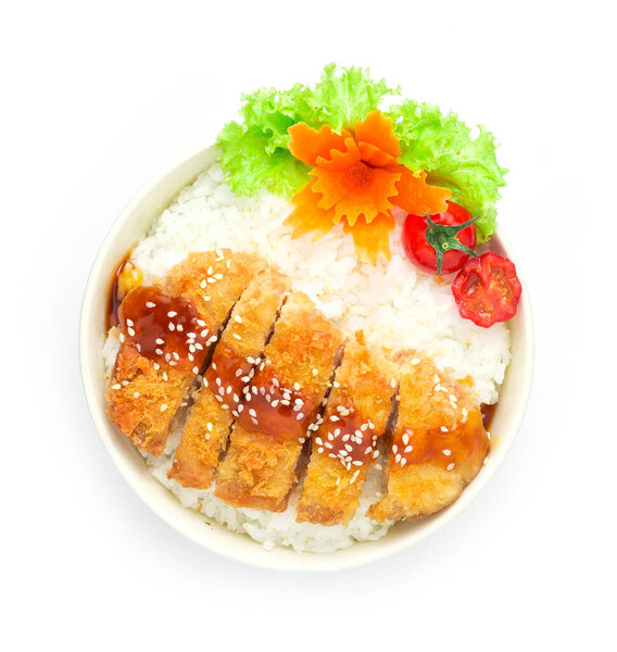 Tonkatsu Donburi Kutsudon deep fried pork cutlet in Bowl rice recipe Japanese food style decorate carved carrot vegetables top view