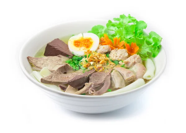 Vietnamese Rice Noodles Soup with Pork Blood, pork offal ,pork ball and Egg Asian Food fusion style breakfast, Lunch and dinner time served crispy Garlic and cutlet Celery side view — Stock Image Vietnamese Rice Noodles Soup Pork Blood Pork Offal Pork Ball Stock Image