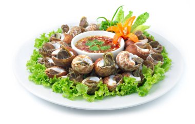 Buharlı Benekli Babil Beyazlaması (Taze Deniz Babil Alanı Kaynatılmış) Baharatlı Deniz Ürünleri Stili Tayland Gıda Stili, sebzelerle süslenmiş ve havuç çiçeği şeklinde yan görünümü oyulmuş.