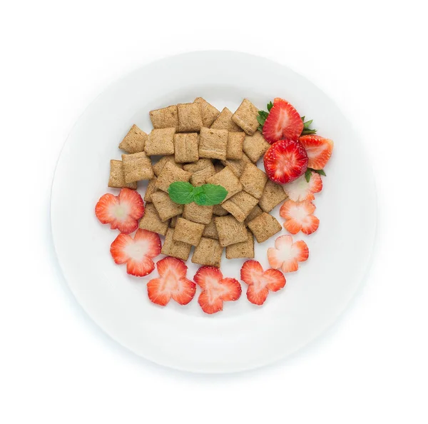 Breakfast Cereal Chocolate Flavour Creamy Served Carved Strawberry Decorate Leaf — Stock Photo, Image