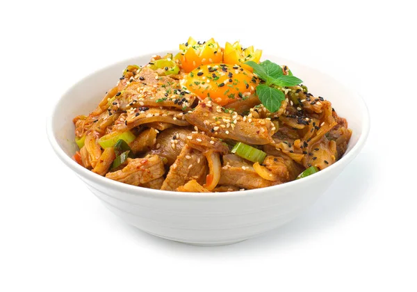 Kimchi Rühren Gebraten Mit Schweinefleisch Auf Reis Koreanische Lebensmittel Fusion — Stockfoto