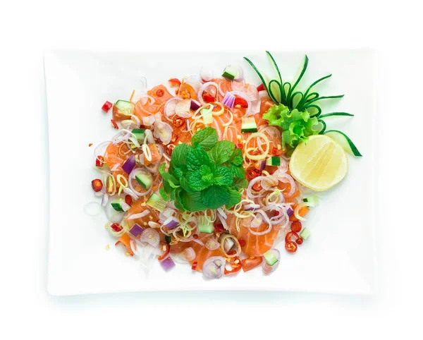 Salmão Salada Picante Com Ervas Tailandesas Estilo Comida Picante Tailandesa — Fotografia de Stock