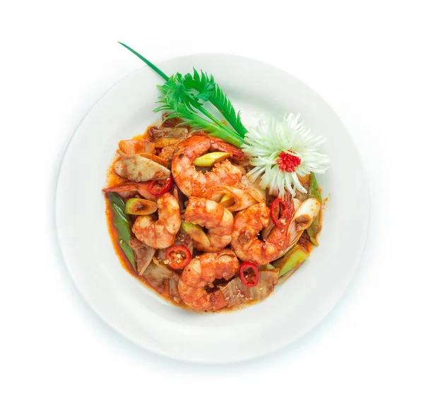 Kimchi Stir Fried Shrimps Korean Food Style Topped Leek Spring — Foto de Stock