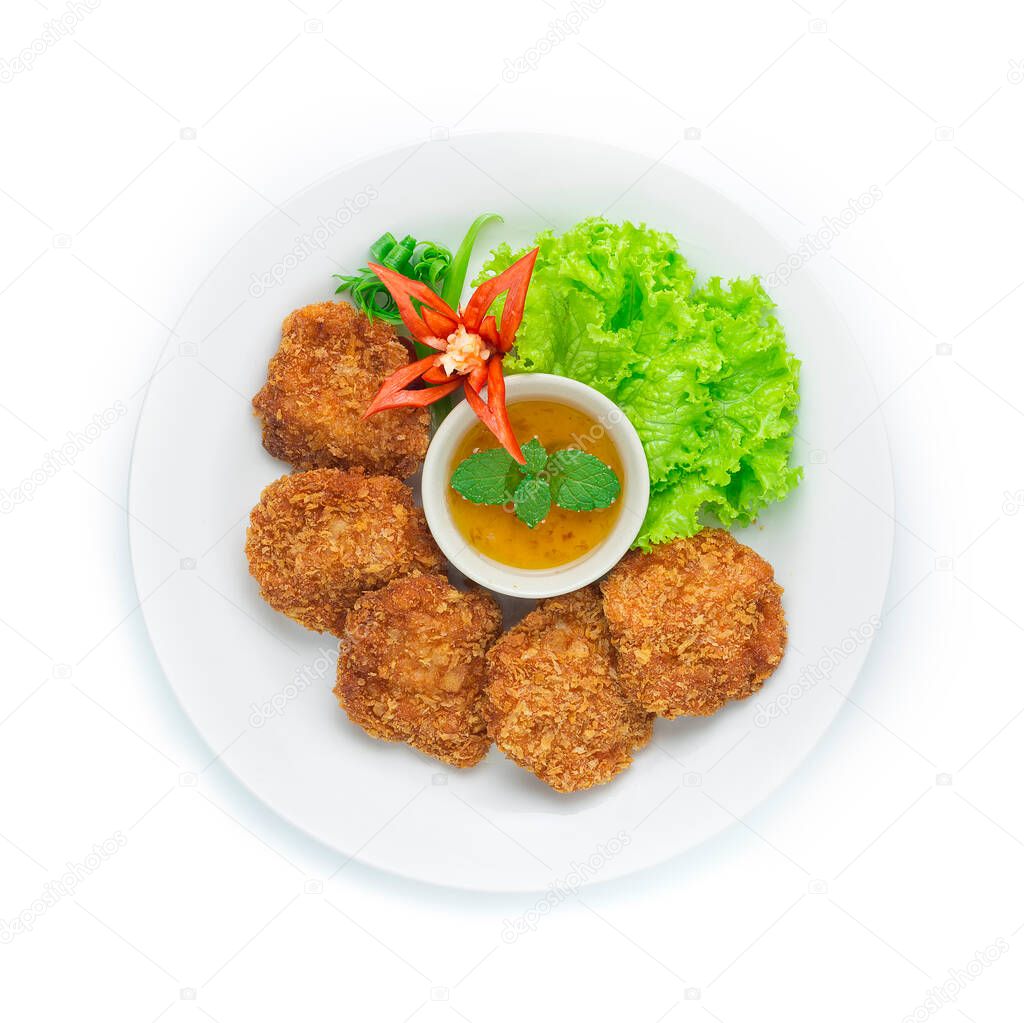 Shrimp Pancake Deep Fried Chinese Food Asian style Served with Sweet plum Sauce Decorate carved chili and carrots Vegetable top view