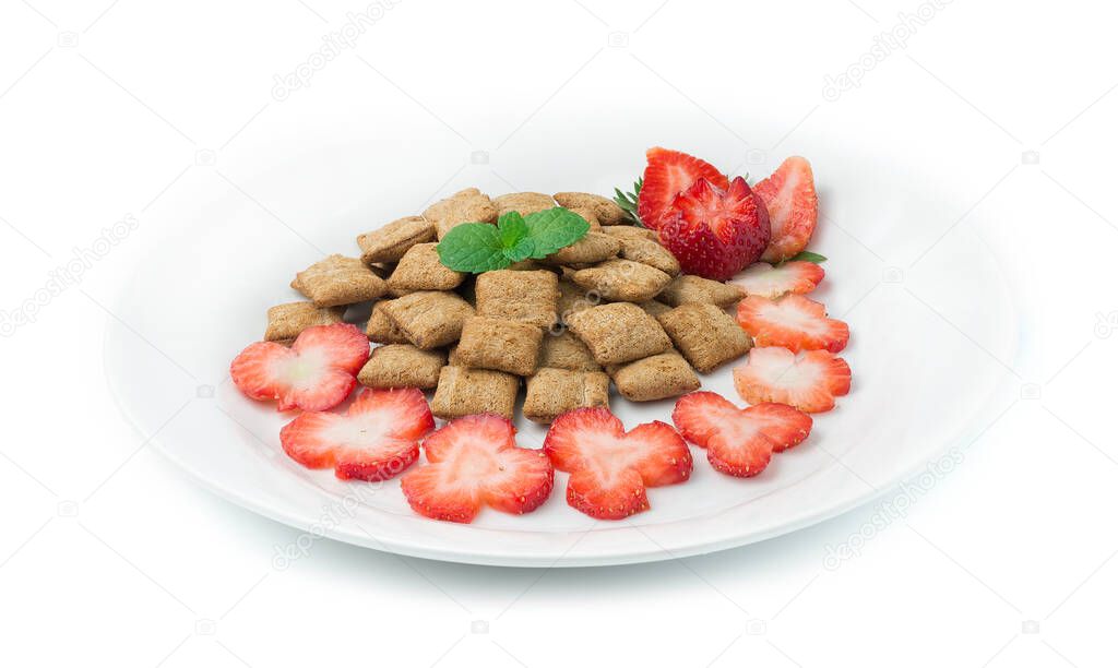Breakfast Cereal Chocolate Flavour Creamy inside Served Carved Strawberry decorate leaf mint. Food dish for Kids or diet high vitamin side view