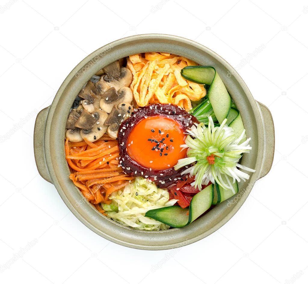 Bibimbub Korean Mixed Rice Assorted Vegetables seasoned valiation ontop Egg Yolks and Kochujung Sauce Sweet Korean Hot Spicy Vegetarian Bibimbub for good healthy decorate  topview 