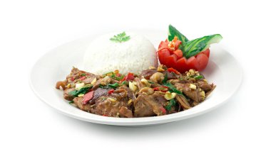 Tayland Fesleğeni, acı biber ve baharatlı tarifle kızartılmış domuz bacağı. Yanında pilav ve kişniş yaprağı. Tayland yemeği, Asya yemekleri, salatalık, acı biber ve domates sosu.