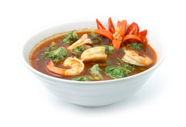 Kızarmış Acacia yumurtası (omlet) ve Karides oymalı kırmızı biberli ekşi köri. Otantik Tayland yemeği Curry Goodtasty Maincorse Lezzetli yemek manzarası