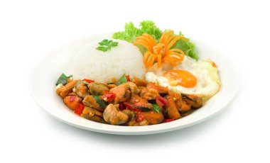 Tayland Gıda Karıştırma Mussel Baharat ve Fesleğen Pirinç ve Kızarmış Yumurta Süsleme Sebzeleri ve Oyulmuş Sarı Chili Meşhur Yemek Saati Güzel bir bakış açısı