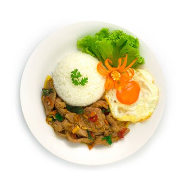 Tayland Gıda Karıştırma Baharat ve Basil Pirinç ve Kızarmış Yumurta Süsleme Sebzeleri ve oyulmuş Sarı Chili Meşhur Yemek Saati Meşhur Sokak Yemeği Hızlı Yemek Saati İyi Seyirler