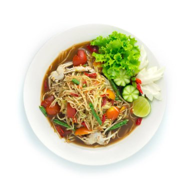 Papaya Baharatlı Salata ve Turşu Balık Sosu ve Küçük Mavi Yengeç Tayland Yemeği Sıcak ve Baharatlı Lezzetli Aperatif veya Boş Zaman, Lezzetli Sağlıklı Diyet Yemekleri Lahana, limon, acı biber, oyulmuş salatalık ve sebze yiyebilir.