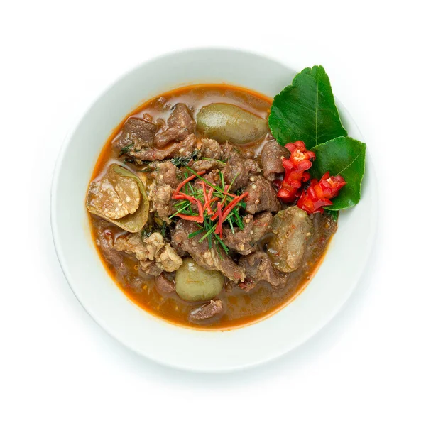 Manzo Mescolare Fritto Con Curry Rosso Melanzane Thai Food Piatto — Foto Stock