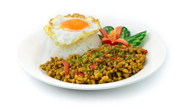 Pork Yellow Curry Paste Stir Fried Hot Spicy Served Rice — Stok Foto