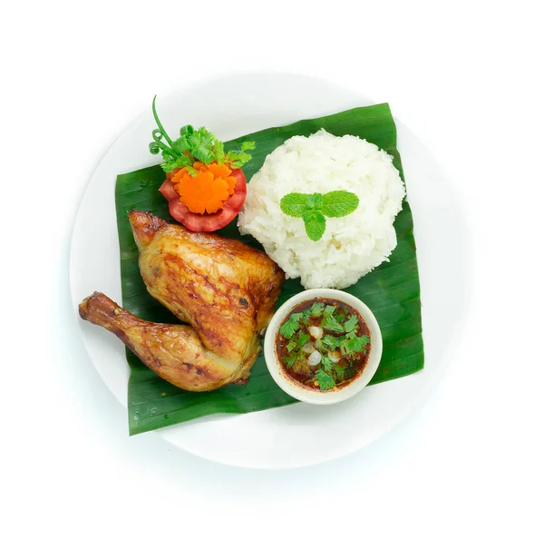 Grilované Kuřecí Originál Recept Servírované Lepkavé Rýže Pikantní Omáčka Thajské — Stock fotografie