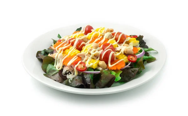 Salada Frango Grelhado Com Legumes Mistos Milho Cenoura Cebola Tomate — Fotografia de Stock
