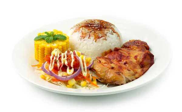 Poulet Grillé Avec Riz Sur Dessus Sauce Teriyaki Sésame Japonais — Photo