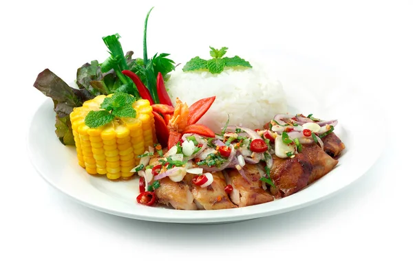 Kruidige Gegrilde Kip Met Rijst Recept Thais Eten Noordoosten Stijl — Stockfoto