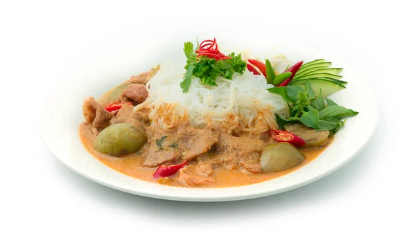 Fideos Arroz Tailandés Con Cerdo Curry Rojo Fideos Arroz Vermicelli — Foto de Stock