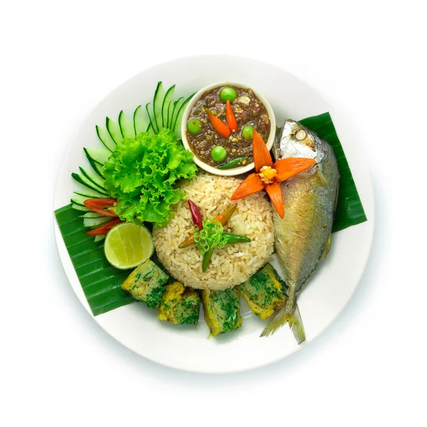 Fried Rice Shrimps Paste Chili Served Fried Thai Mackerel Fish — Stock Photo, Image