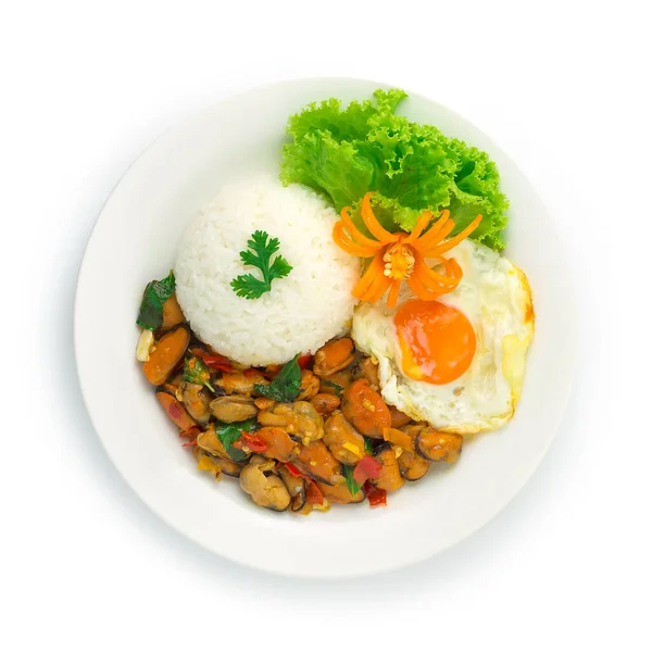Thai Food Stir Fried Mussel Spicy Basil Served Rice Fried — Stok Foto