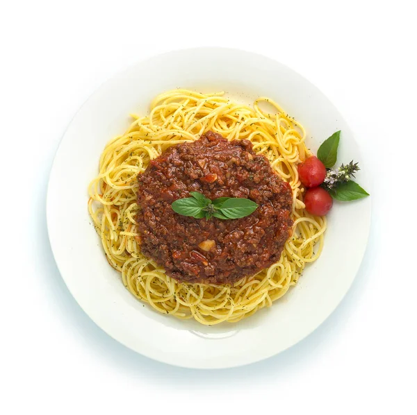 Spagetti Bolognai Földi Marhahús Szósz Európai Élelmiszer Olasz Fúziós Stílus — Stock Fotó