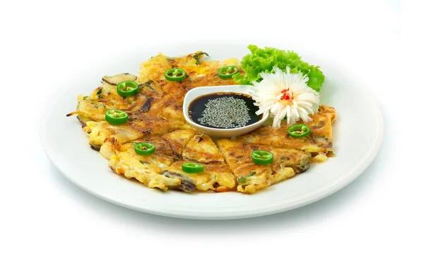 Pancake Coreano Yachaejeon Stile Vegetariano Servito Immergendo Salse Soia Dolce — Foto Stock