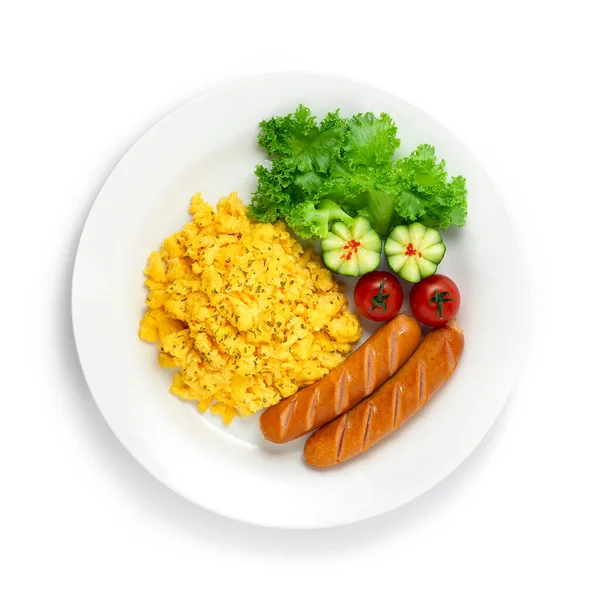 可翻炒鸡蛋煮熟的炖菜当早餐 也可以吃用黄瓜和蔬菜做装饰的欧洲食物 — 图库照片